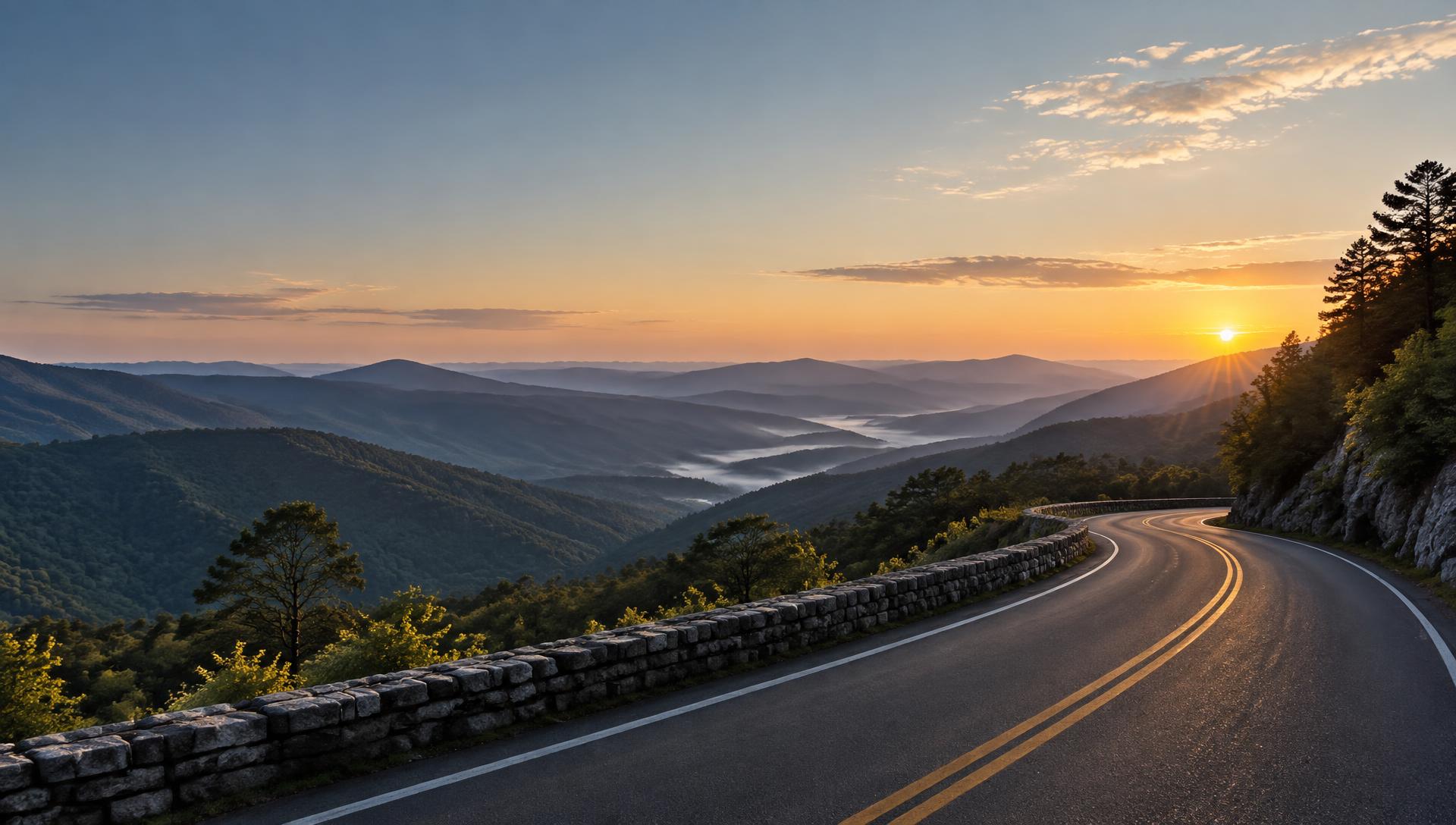 A winding mountain road in the Blue Ridge at sunrise
